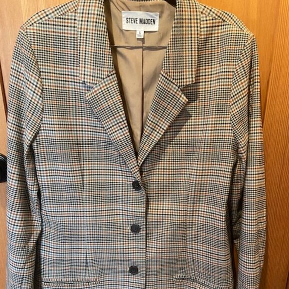 Steve Madden Longline Plaid Blazer Size L Tan Blue and Black - Picture 1 of 4